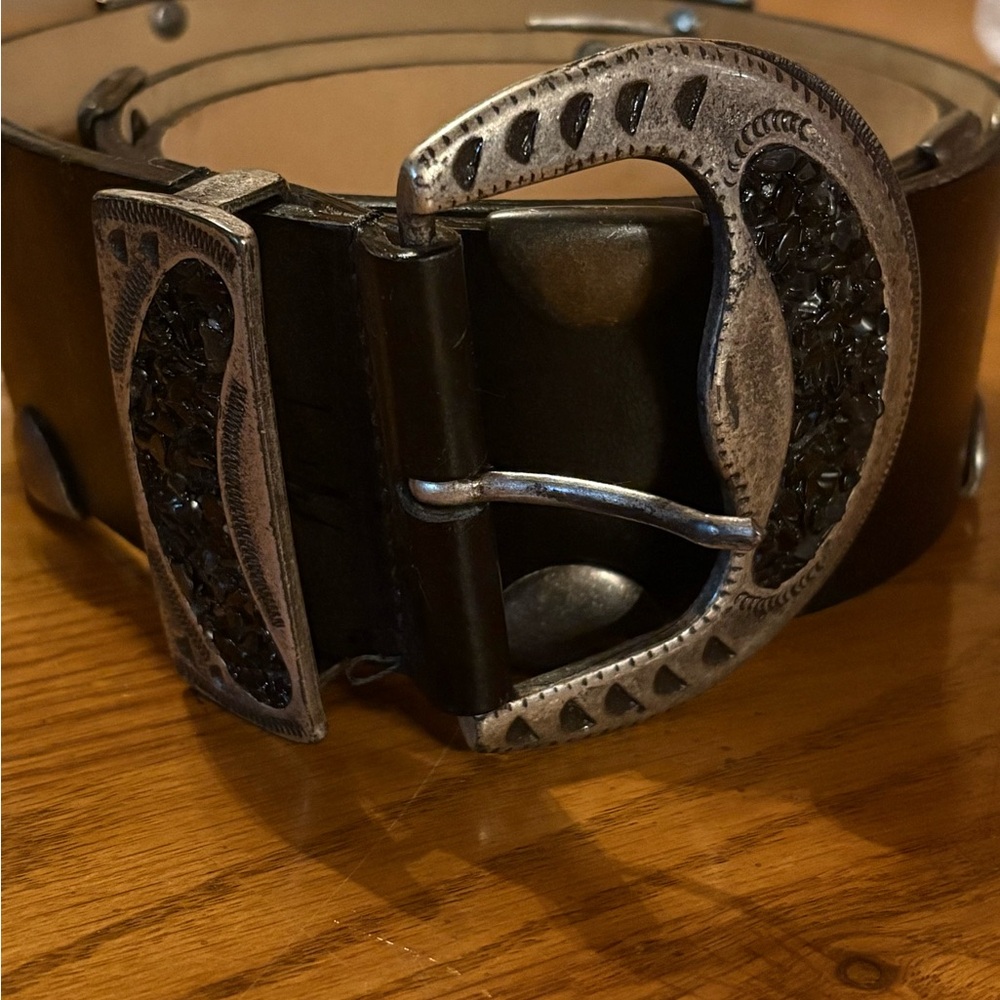 WCM Elegant Black and Silver Leather Belt with Ornate Buckle
